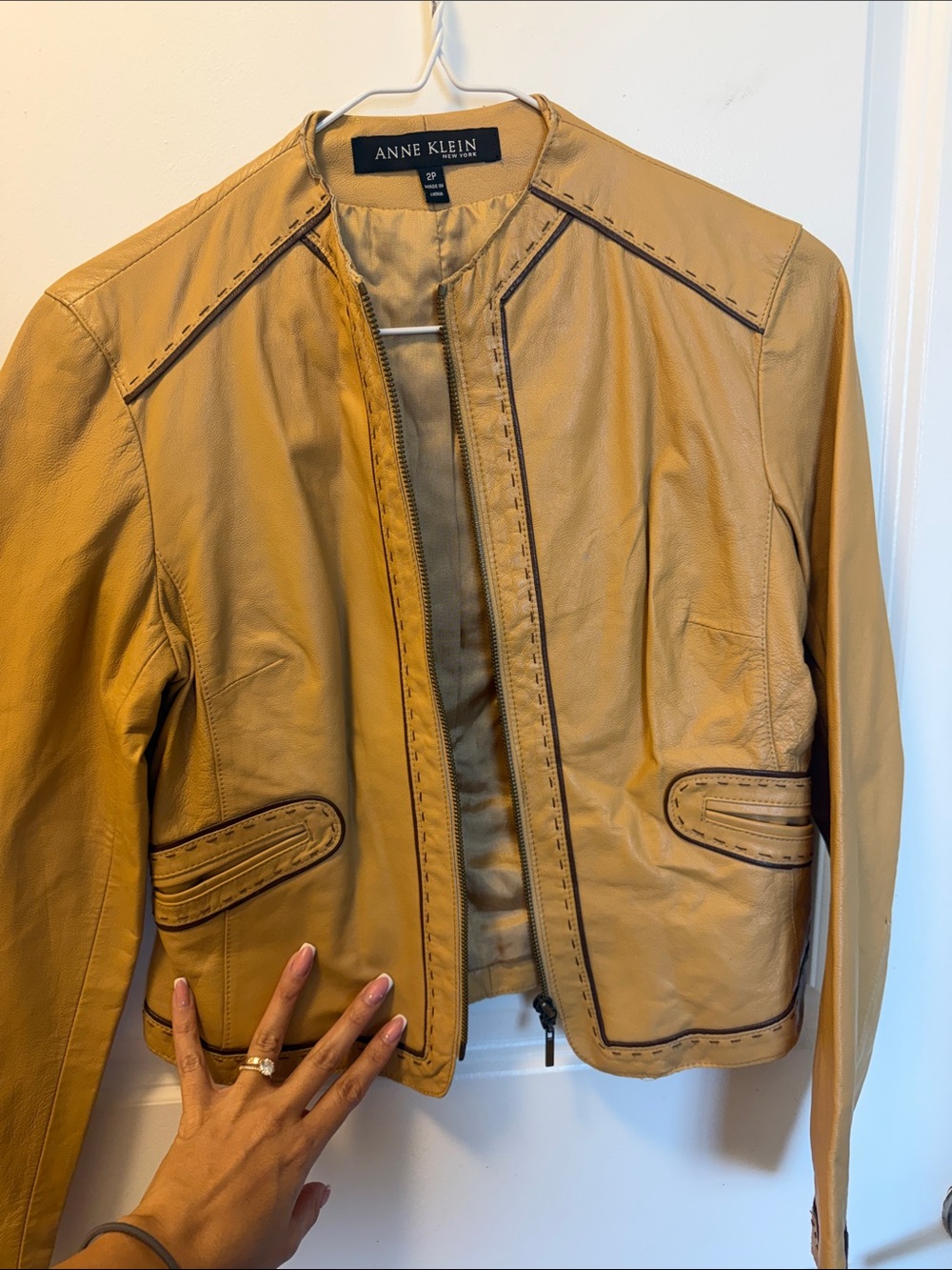 Anne Klein Tan Leather Zip-Front Jacket